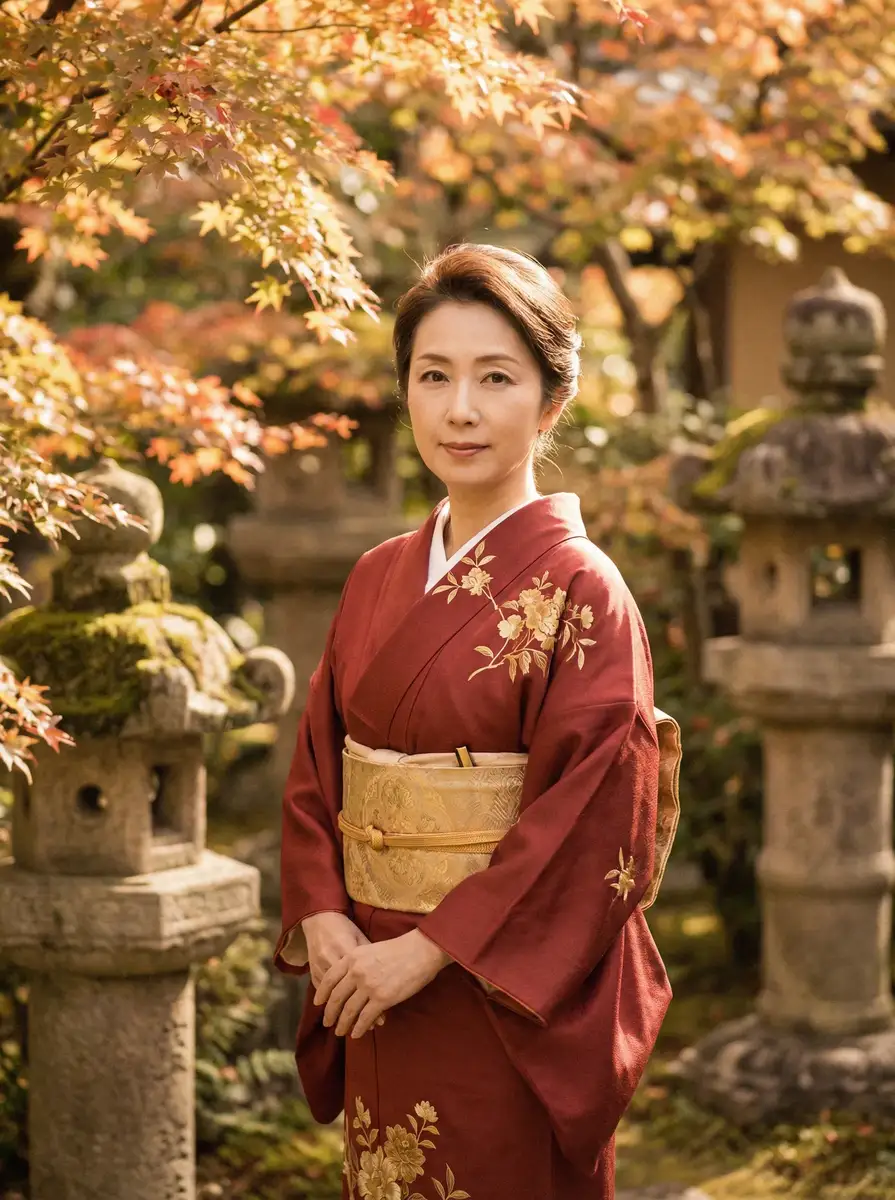 一位身穿暗红色和服的优雅 伊人大蕉久在线播放 在日式庭院中